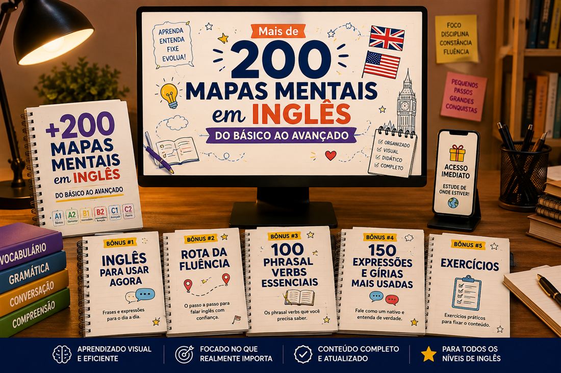 +200 Mapas Mentais em Inglês, banner promocional Inglês com Taila